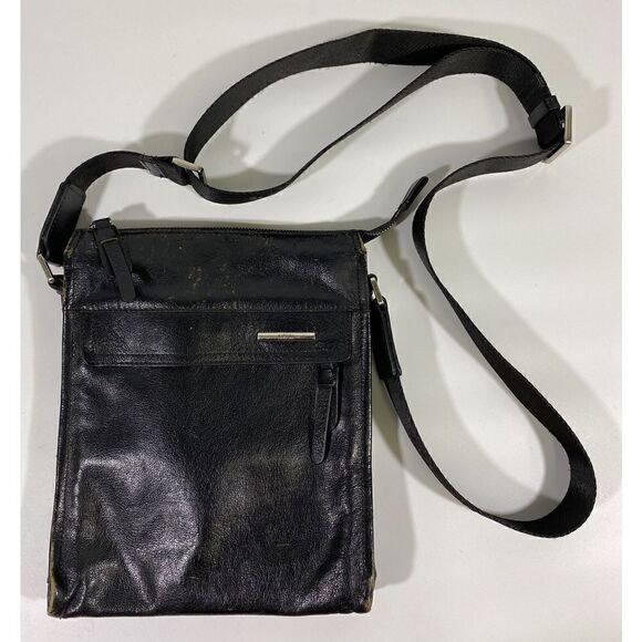Vintage Pabojoe Black Leather Distressed crossbody purse bag Seatbelt Strap 8x11 - Picture 1 of 9